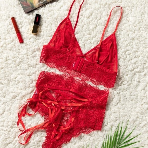 RED Strappy Lace Bralette High Waist Lace Up Panty - Picture 4 of 16